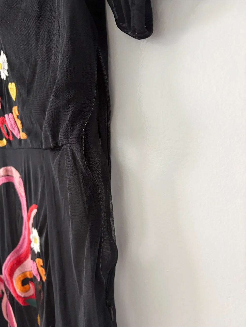 Never Fully Dressed Black Mesh Maxi Dress with Pink and Yellow Embroidery